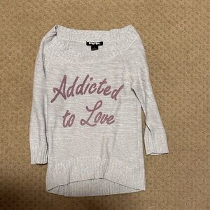 Off-the-Shoulder Sweater in Gray with Pink Script